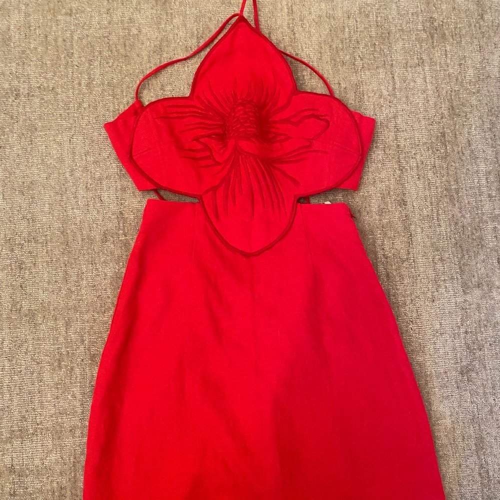 Anthropologie Red Farm Rio Cut Out Linen Flower Front Casual Dress Size XS